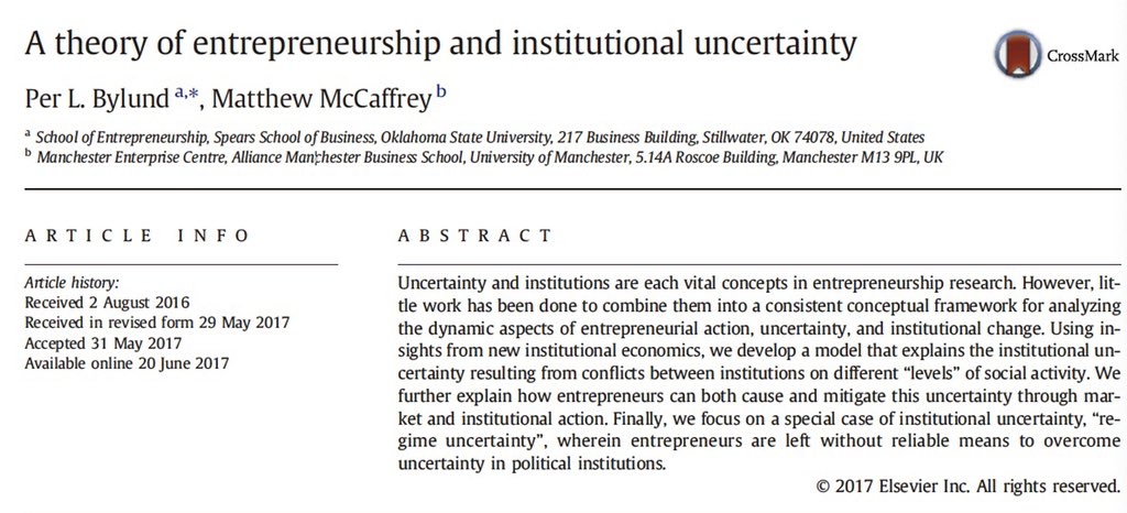 Take two days to throughly read the paper by Prof. Per Bylund <a href="/PerBylund/">Per Bylund</a> &amp; Matthew McCaffrey. It deals with entrepreneurship and institutional uncertainties at different levels. Very insightful, highly recommend!
sciencedirect.com/science/articl…
