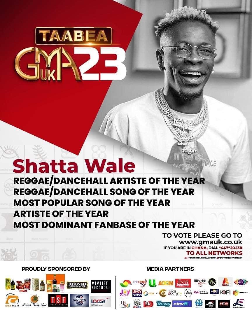 Shatta Wale is nominated in 5 categories in the upcoming #GhanaMusicAwardsUK 2023… 🔥🔥🔥

TO VOTE PLEASE GO TO gmauk.co.uk .. 

If you are in Ghana, Dial *447*2023# to all networks. 

 Make sure you vote 🗳️ for the King @shattawalegh 👑 ❤️