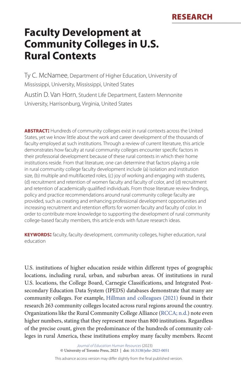 Since I feel like 🐦’s algorithm is off/I’ve been getting less engagement lately, boosting my recent pubs in case folx want to read! Rural Students in Higher Education doi.org/10.1080/016195… Faculty Development at Community Colleges in US Rural Contexts doi.org/10.3138/jehr-2…