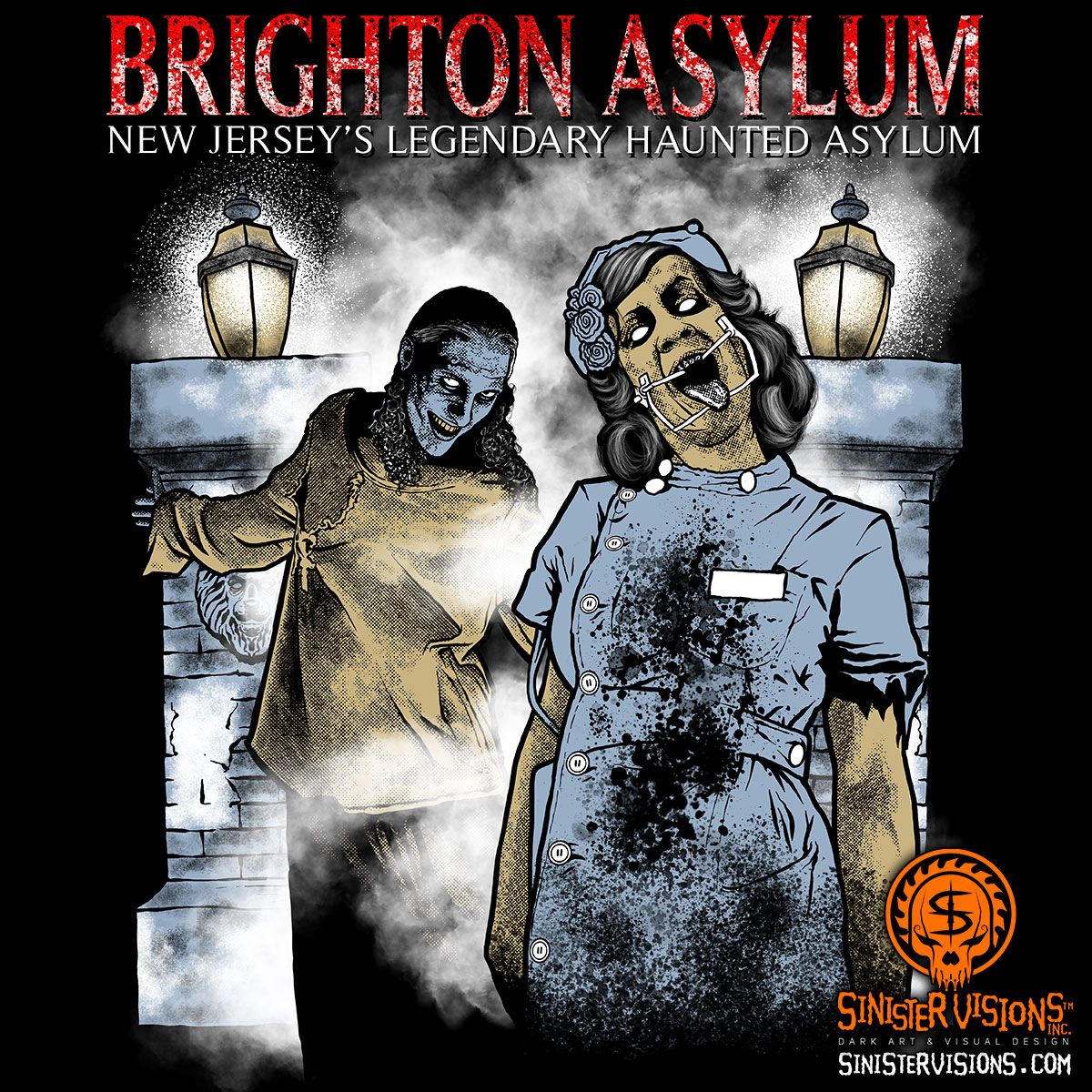 SinisterVisions's tweet photo. 4-color t-shirt design for Brighton Asylum #HauntedAttraction featuring two of their characters and façade gates.
.
#SinisterVisions #ChadSavageArt #halloweenart #halloweenartist #hauntedhouse https://t.co/dOmMa52WaC