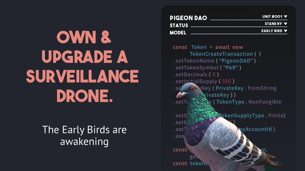 Welcome to PigeonDAO.

The pre-sale is in the form of an Early Bird.
However, you must earn a place in the pecking order.

The top 100 in the Quests will earn their entry.

Starts September 1st 🗓️
More info in Discord 🏆

Fight the control.