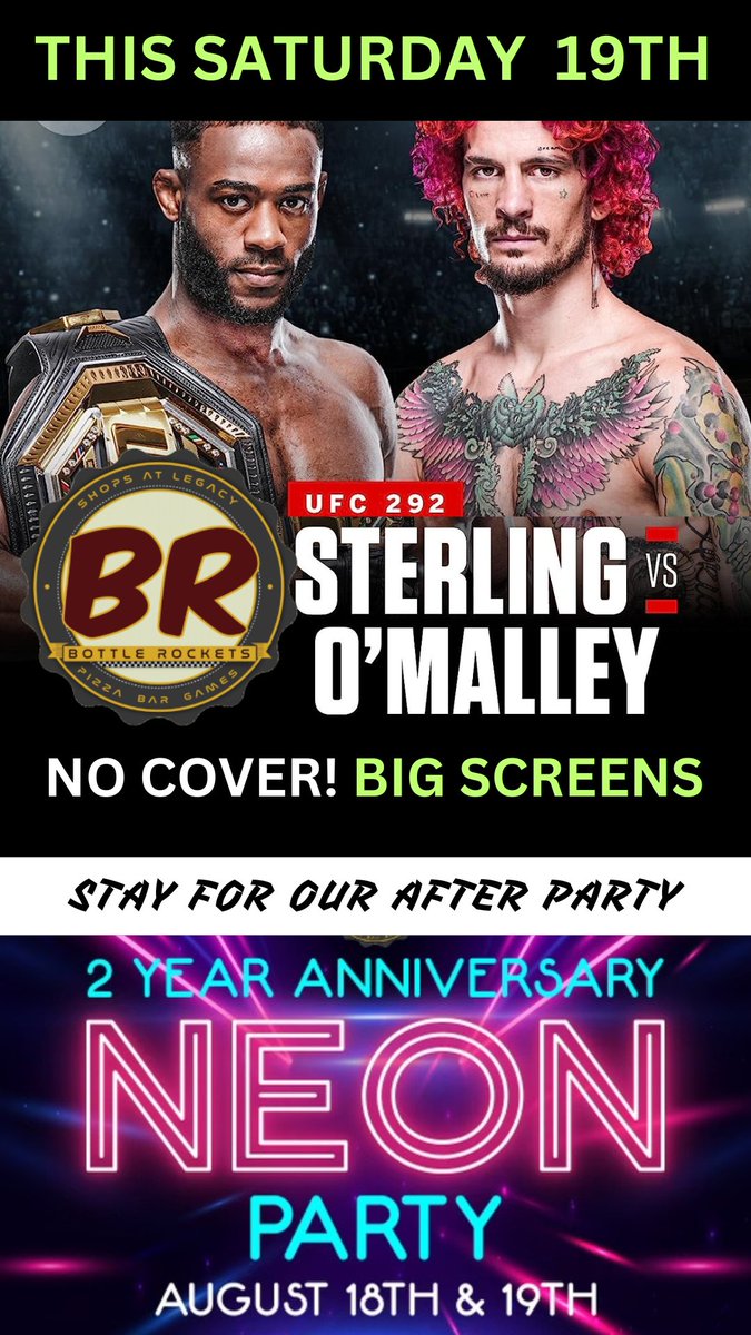 BarRockets's tweet photo. Weekend plans are here! > Both: Aug 18 &amp; 19 🌟BLACKOUT NEON NIGHT PARTYYYY! 2yr Anniversary party on both nights! DJs, Neon Drinks, laser lights, smoke machines &amp; more! >> Sat: Aug 19 💪🏼 **UFC 292** No COVER! Main Card 9pm. Show up early to watch on our BIG Screens! #UFC292 https://t.co/um8f7bfrrT