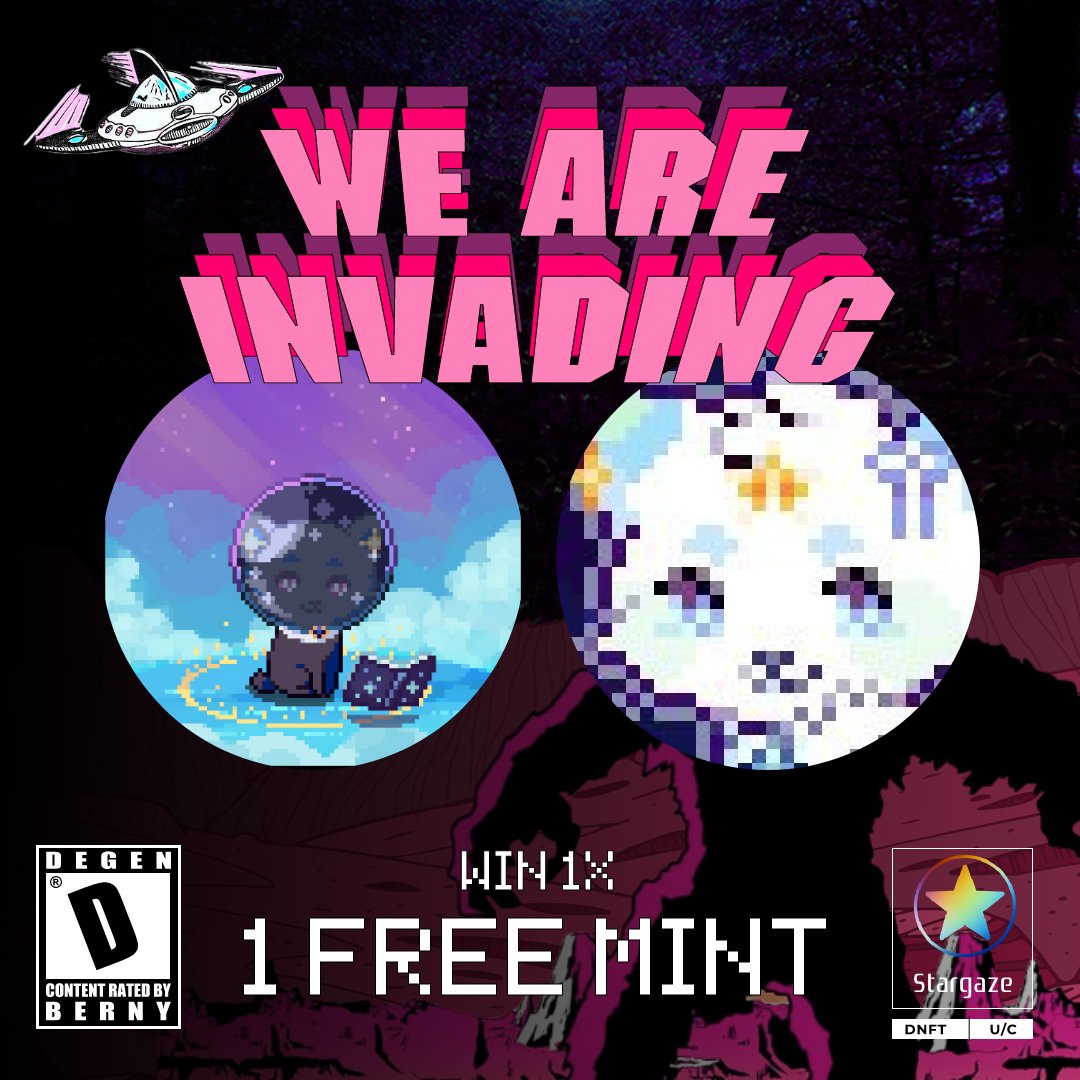 startynft's tweet photo. Have you heard? The invaders are coming! 👾
#Giveaway Collab with @HeadmasterBerny 🧙♂️✨
Prize: 1 Invader NFT
How to Enter:
- RT+💜
- Follow @HeadmasterBerny
- Tag a fren that likes videogames! https://t.co/UubZM4H1e2