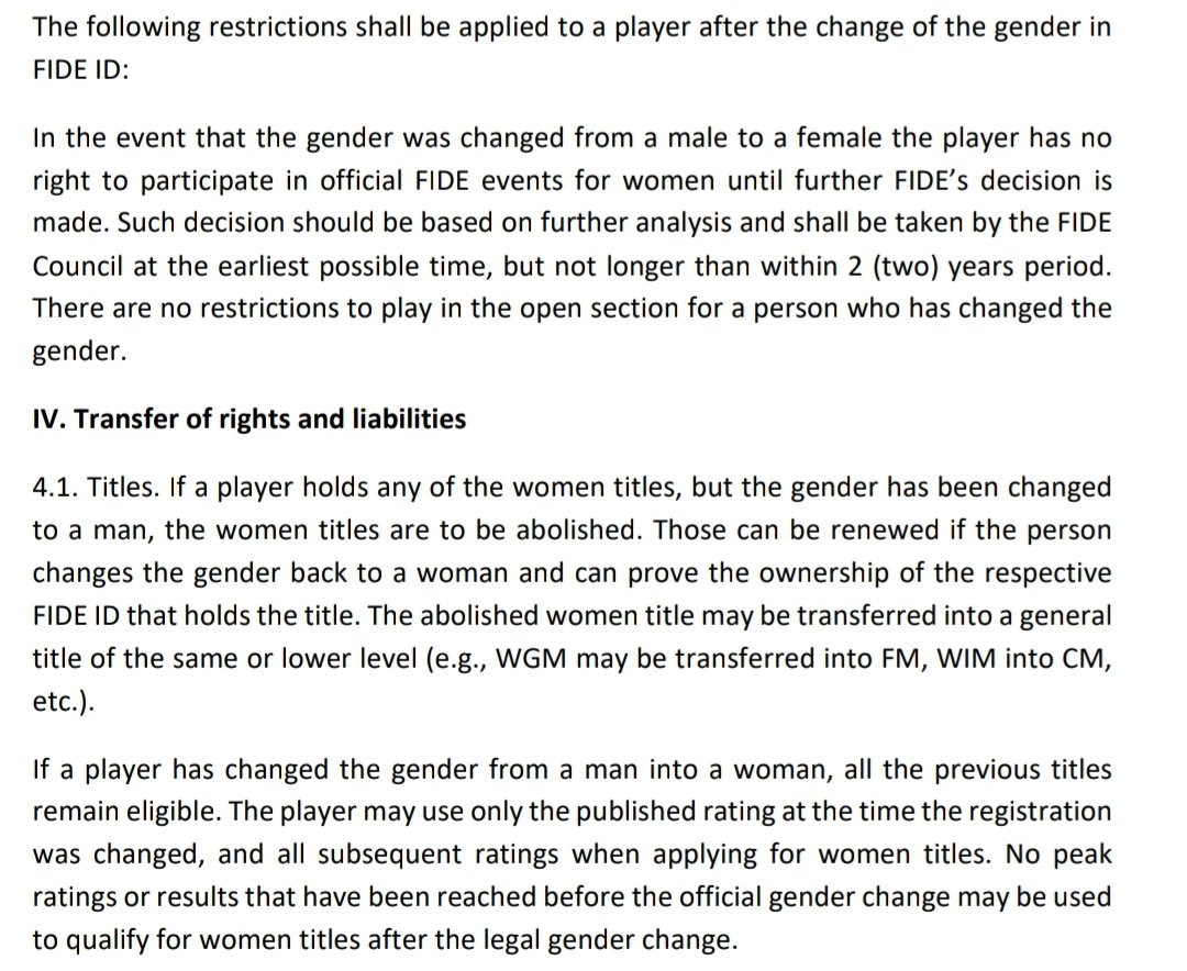 IglesiasYosha's tweet photo. So FIDE just published (yesterday) a list of anti-trans regulations, like it was "the biggest threat of women in chess".

Can someone tell me what qualifies as an official FIDE event? Will I be allowed to play the French Championship in 3 days? The European Club Cup in September? https://t.co/tGBbVhgnkY