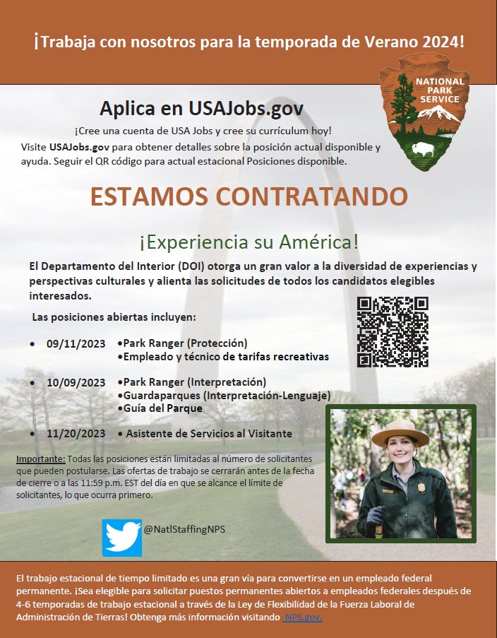 NPS_SeasonalSO's tweet photo. Work with us for the 2024 Summer Season! ¡Trabaja con nosotros para la temporada de Verano 2024! #NowHiring #Fedjobs #NPS #USAJobs #DOI #Joininterior #EncuentraTuParque #FindYourPark https://t.co/v8j6tKVB4I