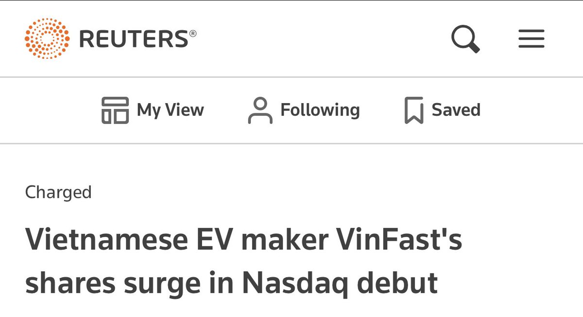 TODAY A VIETNAMESE EV COMPANY VINFAST WENT PUBLIC VIA SPAC

THE COMPANY IS CURRENTLY WORTH OVER $78 BILLION DOLLARS 

THE COMPANY HAS SOLD AROUND A 1,000 ELECTRIC CARS SO FAR THIS YEAR

ITS CURRENTLY WORTH MORE THAN FORD , LUCID , RIVIAN &amp; GENERAL MOTORS 

$VFS