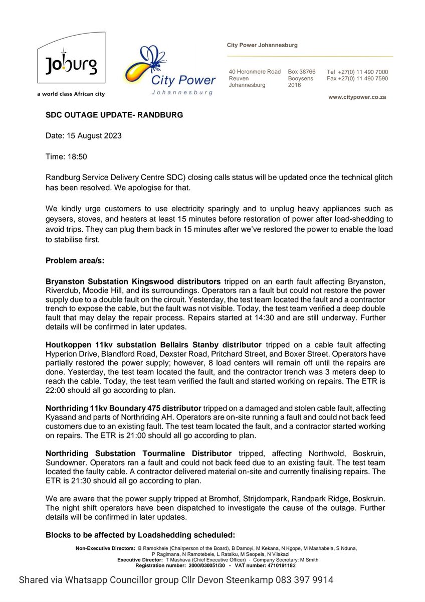 THEDEVCHEV's tweet image. ⚡ #Block8 #Block16 #NorthridingAH #KyaSand #Sundowner #Boskruin #RandparkRidge #Bromhof
15 July 2023 19h00 - Cllr Devon Steenkamp

Latest update from City Power on various outages