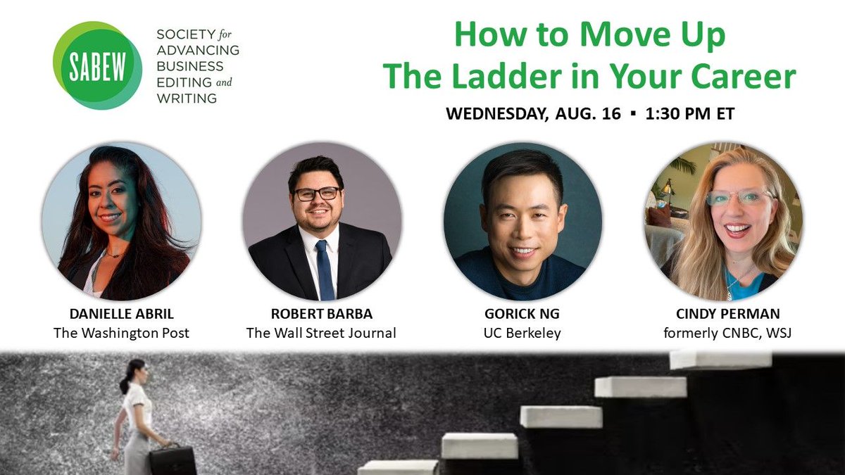 Tomorrow (Wed) at 1:30pm ET❗ Join #SABEW's 2️⃣nd webinar for college students & early career journalists. @CindyPerman, @DanielleDigest, @Barbawire & @GorickNg will discuss how to move up the ladder in your career after landing your first job. Register: 🔗bit.ly/46Tiby0