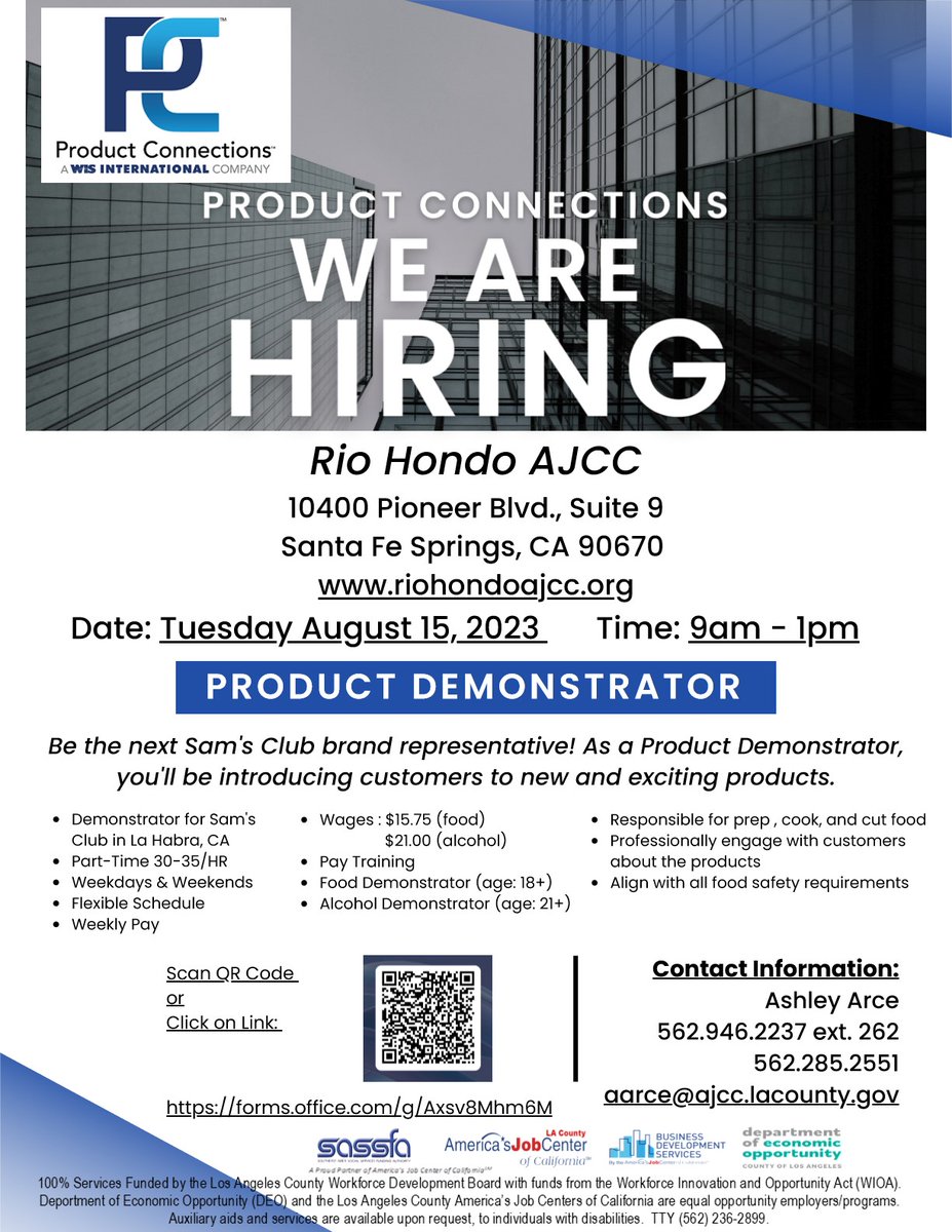 Product connection is Hiring! Come dress for success. Be the next Sam's Club Brand representative! Product Connections is here today Tuesday August 15th they will be here from 9am to 1pm. Stop by and be ready to be interview! #Productconnection #whittier #HIRINGNOW #picorivera
