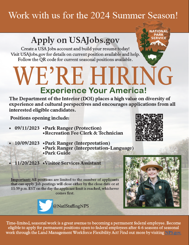 NPS_SeasonalSO's tweet photo. Work with us for the 2024 Summer Season! ¡Trabaja con nosotros para la temporada de Verano 2024! #NowHiring #Fedjobs #NPS #USAJobs #DOI #Joininterior #EncuentraTuParque #FindYourPark https://t.co/v8j6tKVB4I