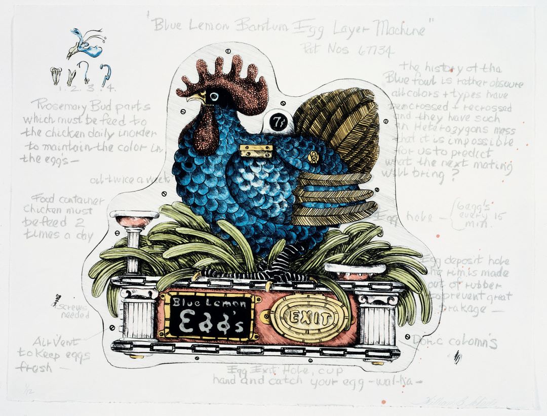 Stopping by the Poultry Barn at the Altamont Fair? Today is opening day.

Bill Schade was known for his humorous caricatures of animals. This image depicts the essential characteristics of a chicken without being a realistic likeness and includes the artist’s annotations.