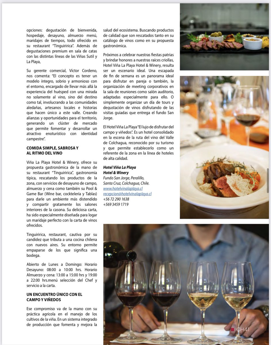 ¡Viña La Playa Hotel &amp; Winery,  gran destino! Descubre un lugar encantador en medio del Valle de Colchagua .

Nota completa realizada por nuestro columnista enogastronómico Antonio Brillat, en las páginas 38 a 41 de nuestra edición actual.

canalhoreca.cl/revista-actual/.
