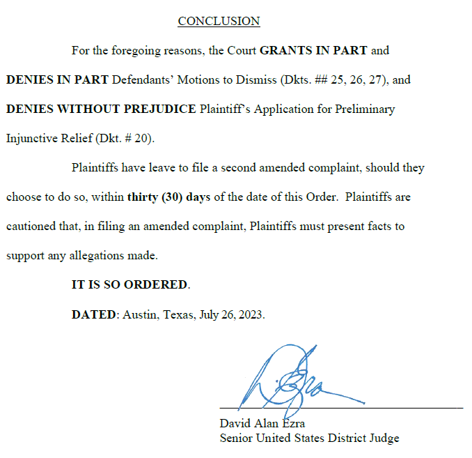 RR_LizardKing's tweet photo. @jeremywstory @wexter894130 @Tyler2ONeil To sum up: most of Story's claims (and all of Clark's) are dismissed.

The merits of several of Story's claims may be argued in court.

"Plaintiffs must present facts to support any allegations made" is a fairly damning phrase, as it implies the pleadings were poorly supported. https://t.co/Wz4PkB9QXB