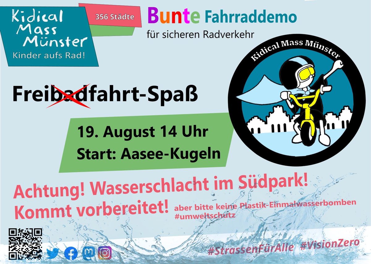 KidicalMassMS's tweet photo. Seid dabei! Es wird gut.

Start: Aasee-Kugeln
Ende: Südpark (Wasserspielplatz)

Route: Stadtfest-Version. https://t.co/uSPpDEDZUZ