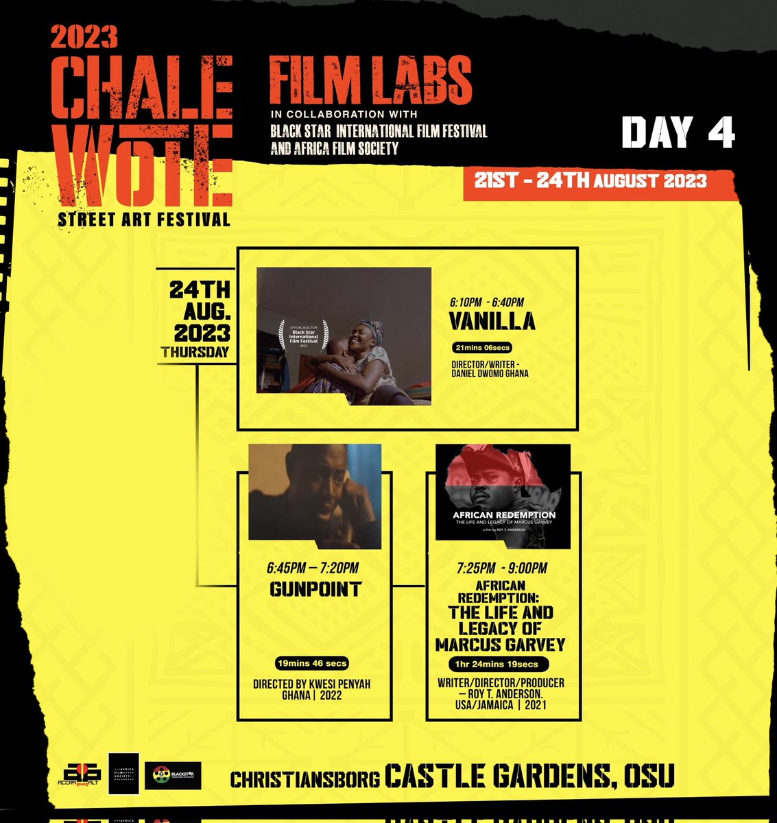 We had many awesome submissions. Here are the selected films for the CHALE WOTE Street Art Festival 2023 Film Labs which will take place from 21st August to 24th August 2023. The venue of all the films is the Christiansborg Castle Gardens, Osu.

accradotaltradio.com/film-labs-sche…