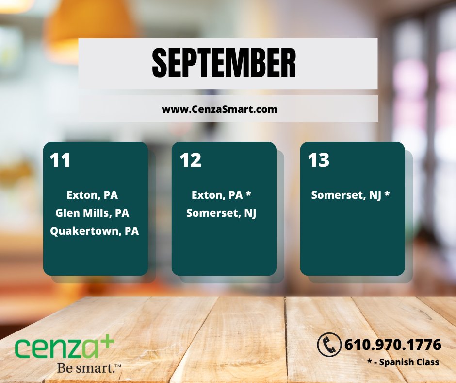 CenzaSmart's tweet photo. The second week of September kicks off our Food Safety Classes! Register now by calling our office at 610.970.1776 or going to our website.

Head over to https://t.co/7wHqkTUkC2 for a complete list of locations and dates.
.
.
#foodsafety #foodsafetytraining #training https://t.co/bjmOxZzFL2