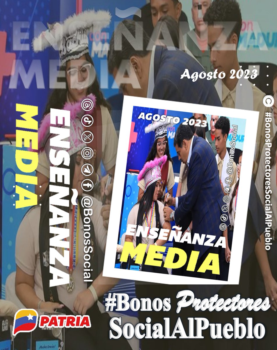 🚨 #AHORA: Inicia la entrega de la #BecaEnseñanzaMedia (agosto 2023) a través del Sistema <a href="/CarnetDLaPatria/">Carnet de la patria</a> enviado por nuestro Pdte. <a href="/NicolasMaduro/">Nicolás Maduro</a>

✅ Monto en Bs. 112,50

<a href="/BonosSocial/">Bonos Protectores Social Al Pueblo</a>
#InnovarParaCrecer