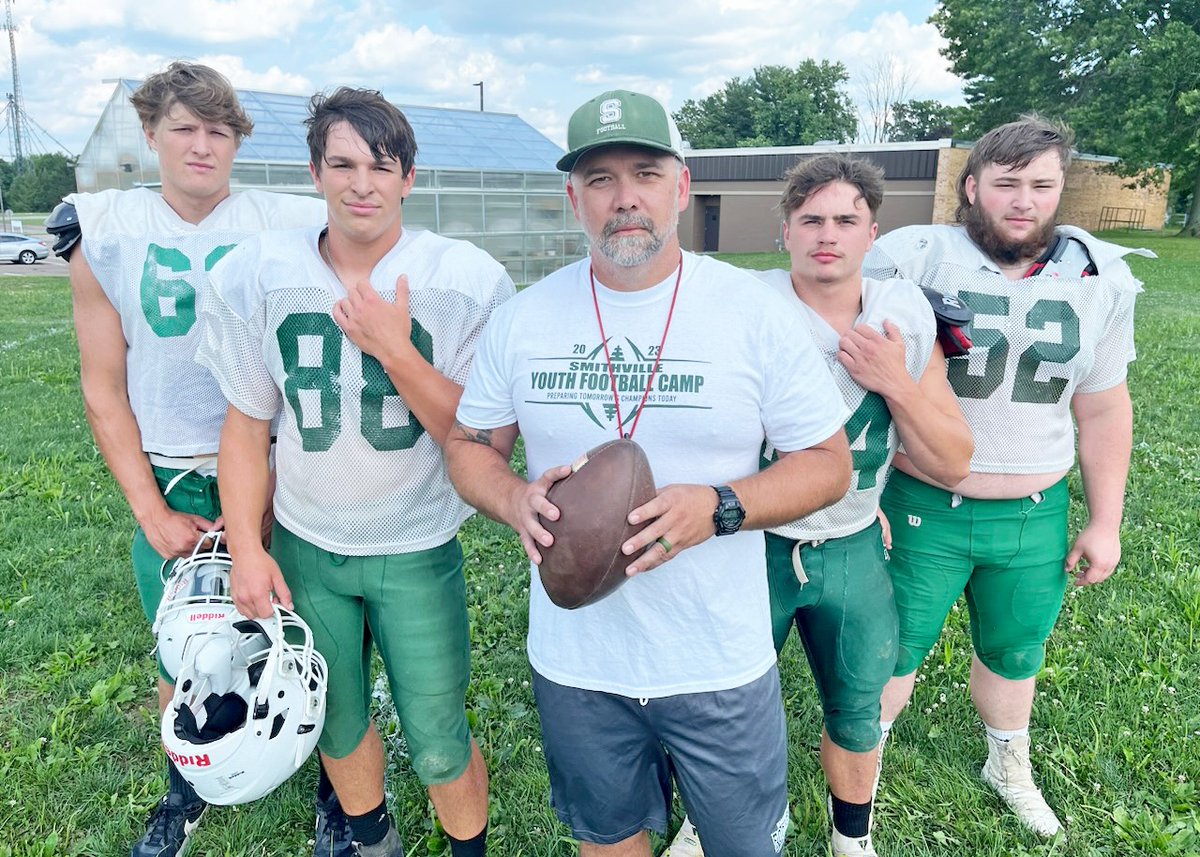 Smithvile coach Phil Olsen and standouts, from left, Bryce Butcher, Gavin Copenhaver, Mason Haines and Ashton Brummage are hoping for a big season. <a href="/SmithieFootball/">Smithville Football</a>