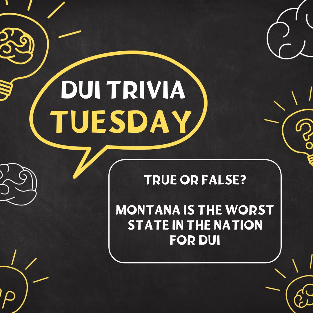 Gallatin_DUI_tf's tweet photo. Welcome to our new series called DUI Trivia Tuesday!

Today’s question:

True or False? Montana is the worst state in the nation for DUI.

Let us know what you think in the comments! https://t.co/pRVmRXkAaB