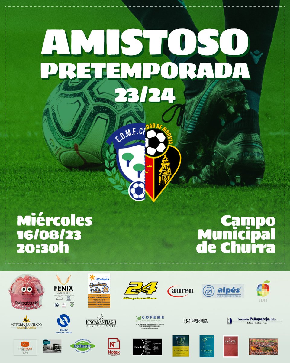 Damos comienzo a la pretemporada 23/24 ⚽️

💚 @edmfchurra_oficial 🆚 @capciudaddemurcia ❤️

🗓️ Miércoles, 16 de Agosto
🕗 20:30 h.
🏟️ Campo Mpal. de Churra