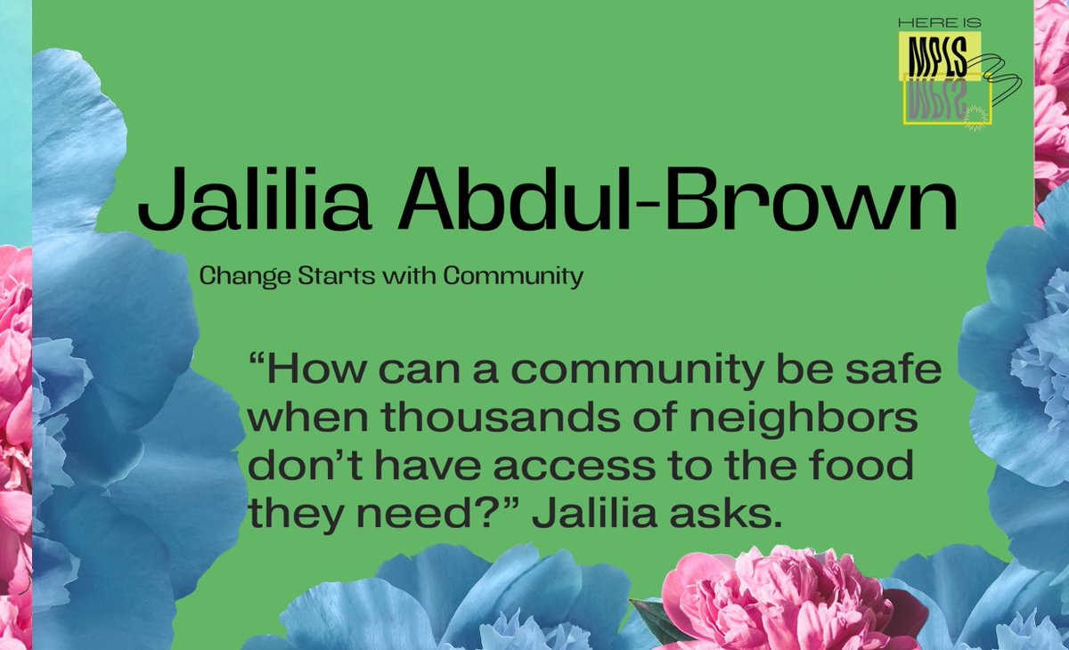 PollenMidwest's tweet photo. “How can a community be safe when neighbors don’t have access to the food they need?” asks #HereIsMPLS honoree @sincerelyjalilia.  Her organization provides nutrition support because Jalilia understands that violence is often created by systemic lack. https://t.co/WUsocXzZRq https://t.co/lRSUpSYLEl