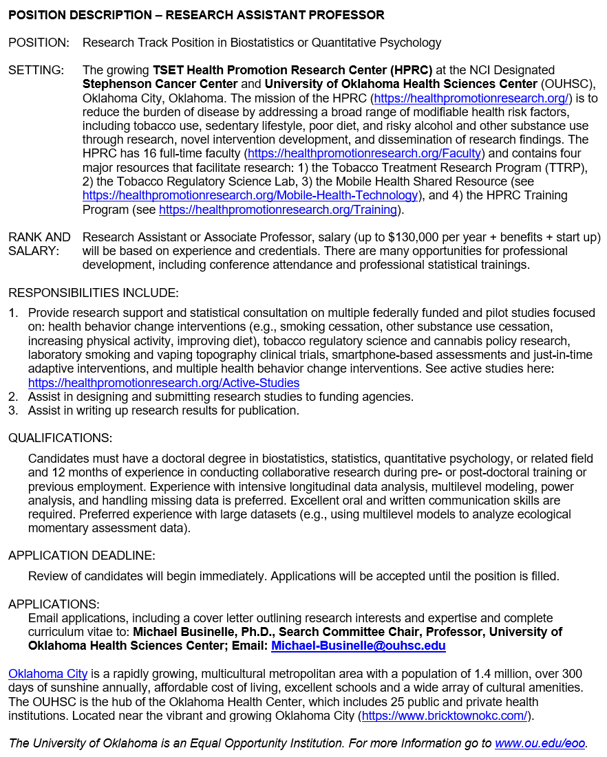 Michael Businelle (@stop_smokin_now) on Twitter photo Now hiring: Research track assistant professor in BIOSTATISTICS (salary: up to $130,000). Application details below. Please RT! @phjobs_or @PsychJob <a href="/stats_feed/">World of Statistics</a> <a href="/biostatistics/">Biostatistics</a> <a href="/HarvardBiostats/">Harvard Biostatistics</a> <a href="/UWBiostat/">UW Biostatistics</a> #JSM2022 Now hiring: Research track assistant professor in BIOSTATISTICS (salary: up to $130,000). Application details below. Please RT! @phjobs_or @PsychJob <a href="/stats_feed/">World of Statistics</a> <a href="/biostatistics/">Biostatistics</a> <a href="/HarvardBiostats/">Harvard Biostatistics</a> <a href="/UWBiostat/">UW Biostatistics</a> #JSM2022