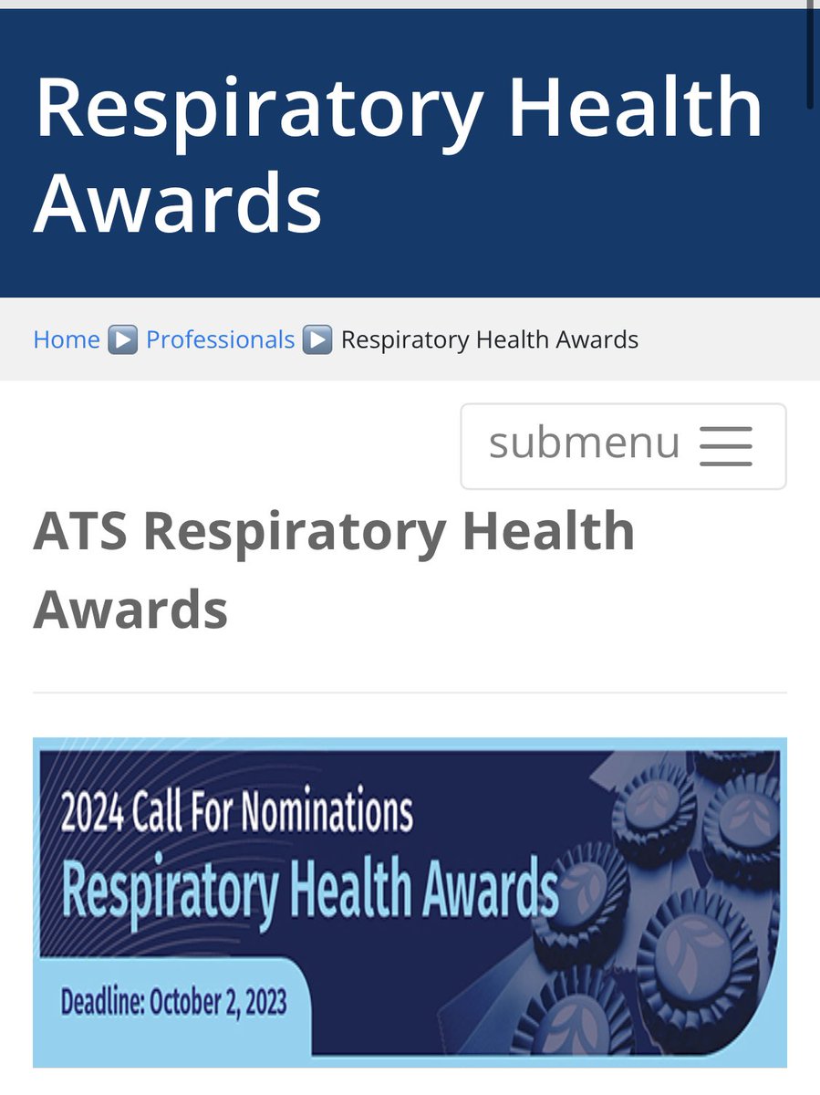 🚨🚨PSA: The deadline for submitting nominations for @atscommunity Respiratory Health Awards is October 2, 2023! Recognize your colleagues here: thoracic.org/professionals/… @ATS_Assemblies @atsearlycareer