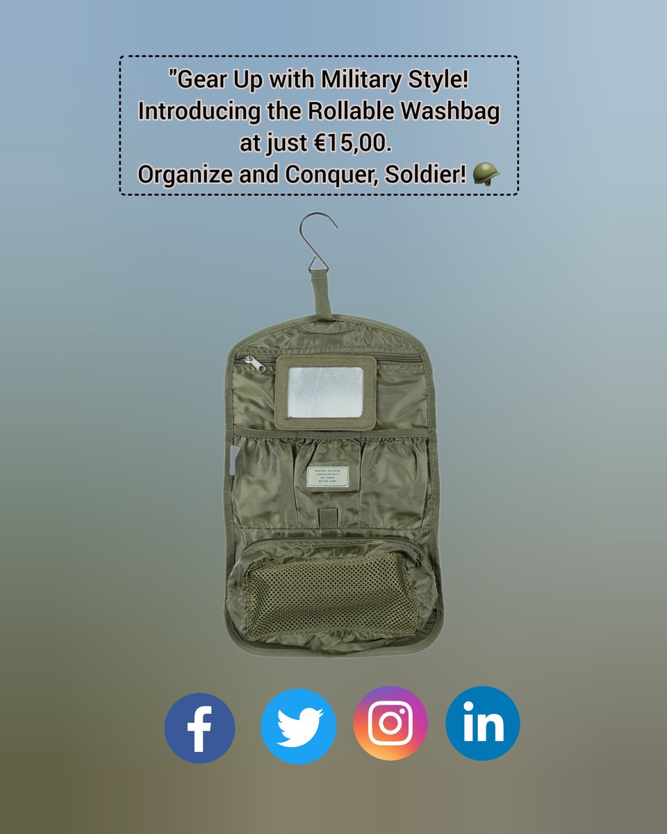 'Gear Up with Military Style! Introducing the OD Green Rollable Washbag at just €15,00. Organize and Conquer, Soldier! 
#MilitaryStyle #OrganizationEssentials #NewbieGear #InShot