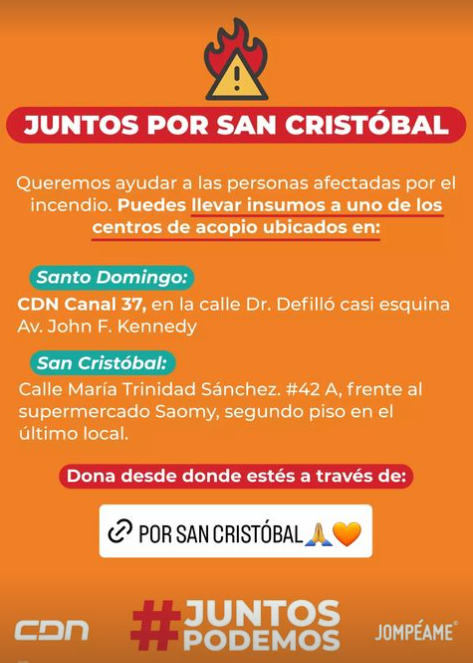 cdn37's tweet photo. Nos unimos al pueblo de San Cristóbal mientras luchan con las consecuencias de un incendio devastador💔 Tú también puedes unirte a ayudar a los afectados y llevar esperanza donando insumos en uno de los centros de acopio asignados:

📍En Santo Domingo: @cdn37oficial - c/ Dr. Defilló esquina Av. Jhon F. Kennedy
📍En San Cristóbal: @ccbeautyexpert - c/María Trinidad Sánchez No. 42 A

También @jompeame está recaudando fondos para seguir llevando apoyo en medio de esta emergencia. ¿Nos ayudas?

•USA/Europa/RD: Link en el perfil de @jompeame

•Paypal: info@jompeame.com

• Cuenta corriente Banco Popular: 808206155
• Cuenta de ahorros BHD León: 25342400011
• Cuenta de ahorros Banreservas: 9601722003

Todas a nombre de Jompéame. RNC: 430234321. Referencia: San Cristóbal.