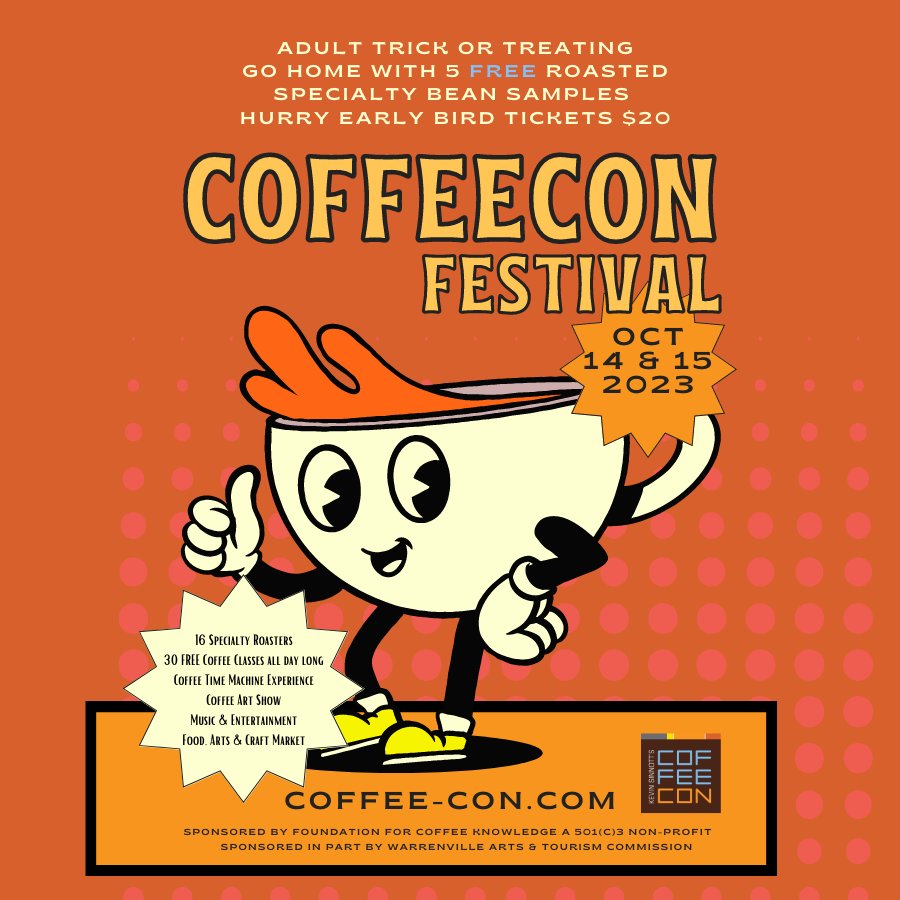The only Coffee Festival with Adult Trick or Treating!
Happening at St. James Farm, Warrenville, IL. #coffeecon #coffeelovers #CoffeeTimeMachine #chicago #festival
