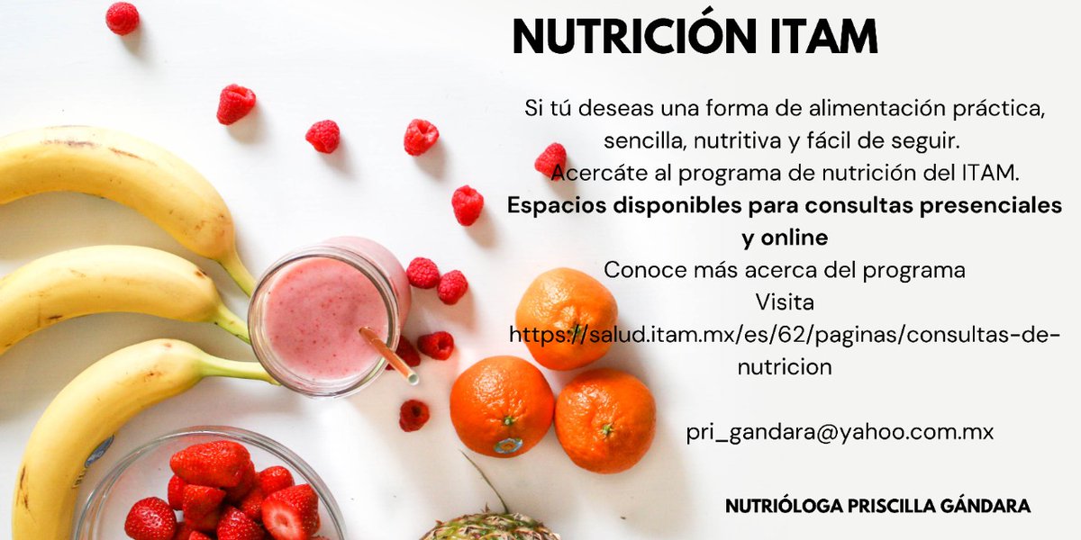 DAE_ITAM's tweet photo. 🍎🥦🍊🍉🌽Aprende a cuidar tu alimentación de manera sostenible con #PriscillaGándara @priganf1

Precio especial para la #ComunidadITAM 🙌

Agenda tu cita hoy, presencial o en línea:
🖋 pri_gandara@yahoo.com

#DAE @ITAM_mx - Subdirección de Bienestar Integral https://t.co/OwSTknaw9n
