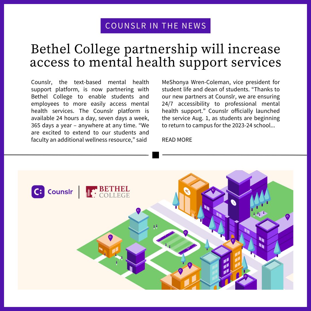 Thank you Melanie Zuercher and @TheNewtonKansan for featuring Counslr’s partnership with @bethelks to provide 24/7/365 mental health support for all their students and facility. 

thekansan.com/2023/08/07/bet…

#mentalhealth #counslr #bethelcollege