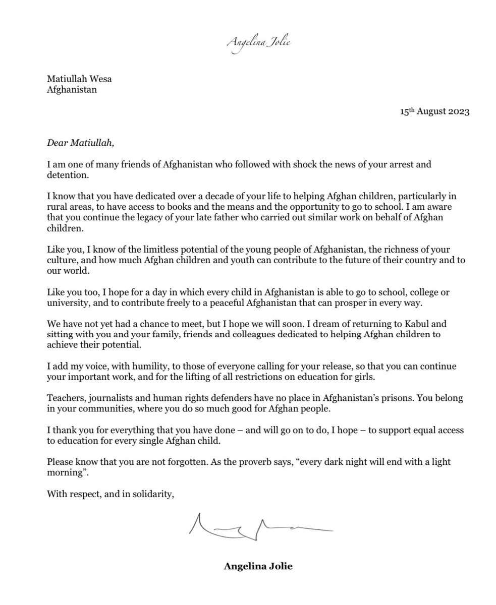 WaisBarakzai's tweet photo. Angelina Jolie’s letter in support of Matiullah Wesa 
#releasematiullahwesa https://t.co/zdevmCdRP1
