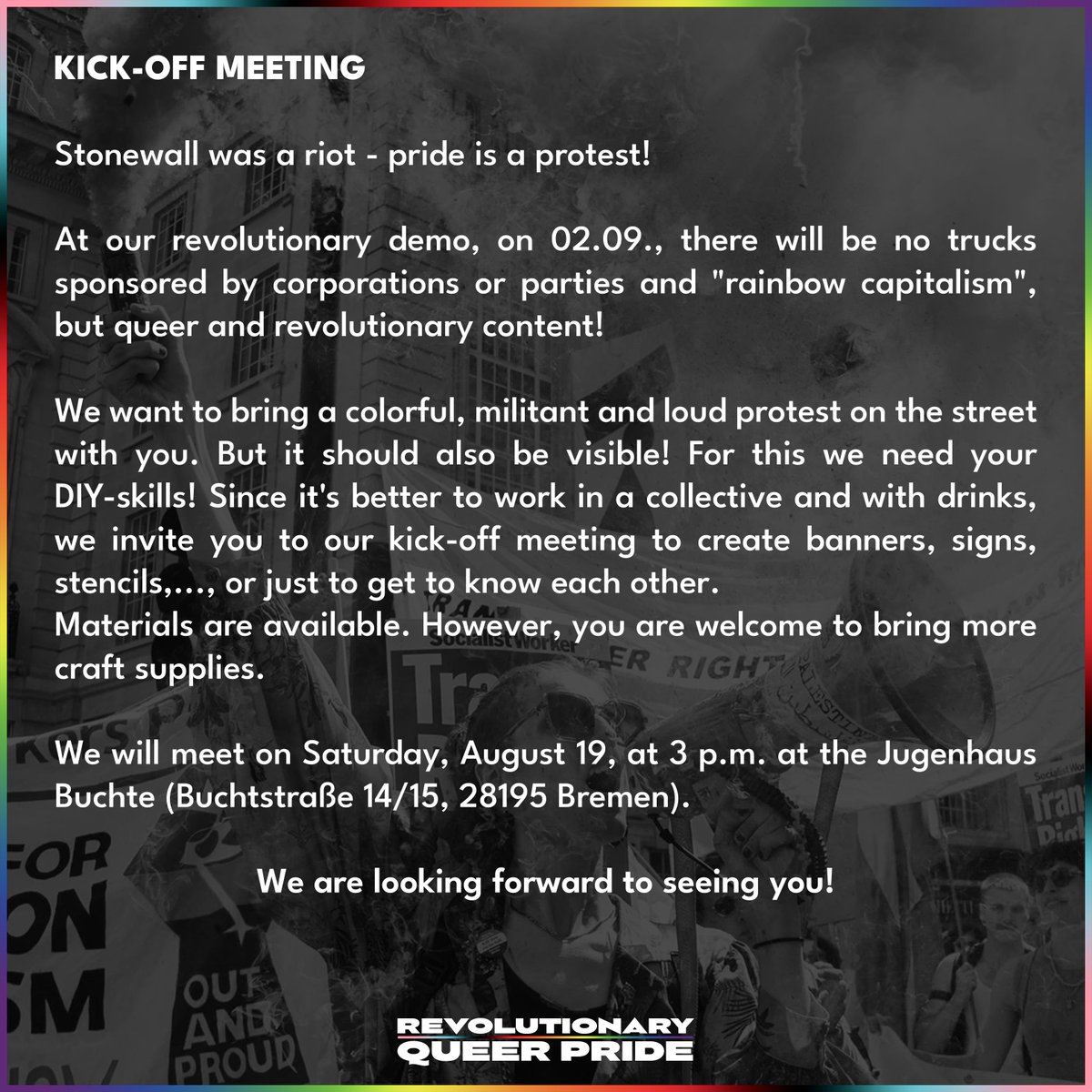 AUFTAKTTREFFEN

SAMSTAG 19. AUGUST / 15 UHR / JUGENDHAUS BUCHTE