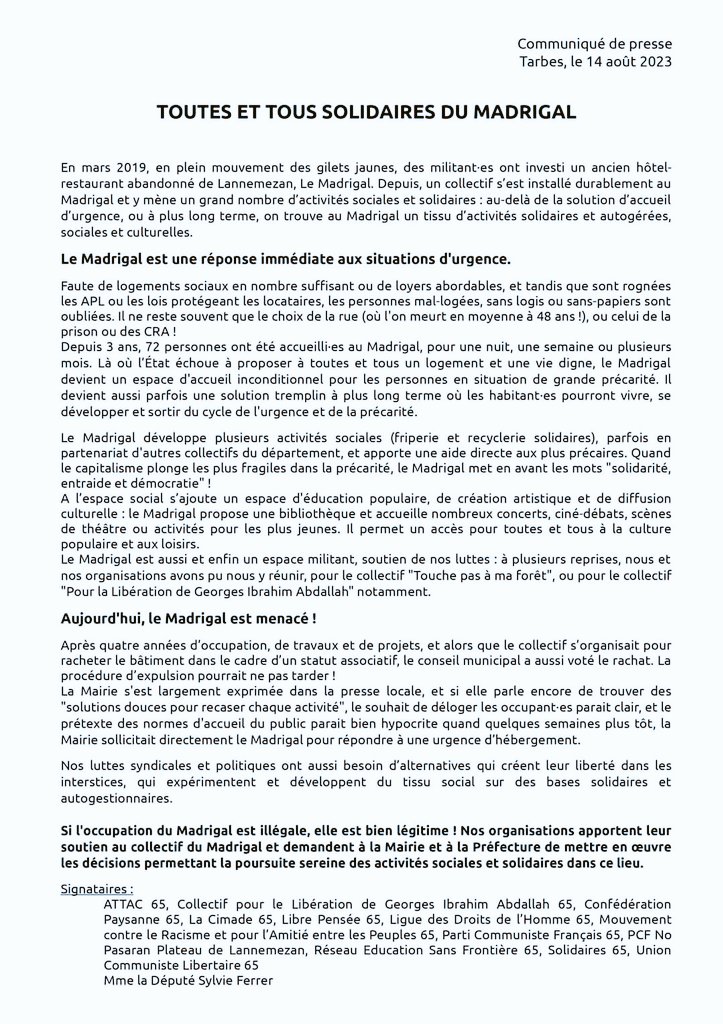 Communiqué en soutien au Madrigal, collectif à #Lannemezan dans les #HautesPyrenees ⤵️