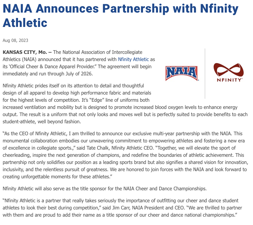 Happening Now. After a March 2023 announcement and subsequent dropping of the agreement with Rebel Athletic, the @NAIA (National Association of Intercollegiate Athletics) has re-announced a new partner in @Nfinity Athletic to run through July of 2026. naia.org/general/2023-2…