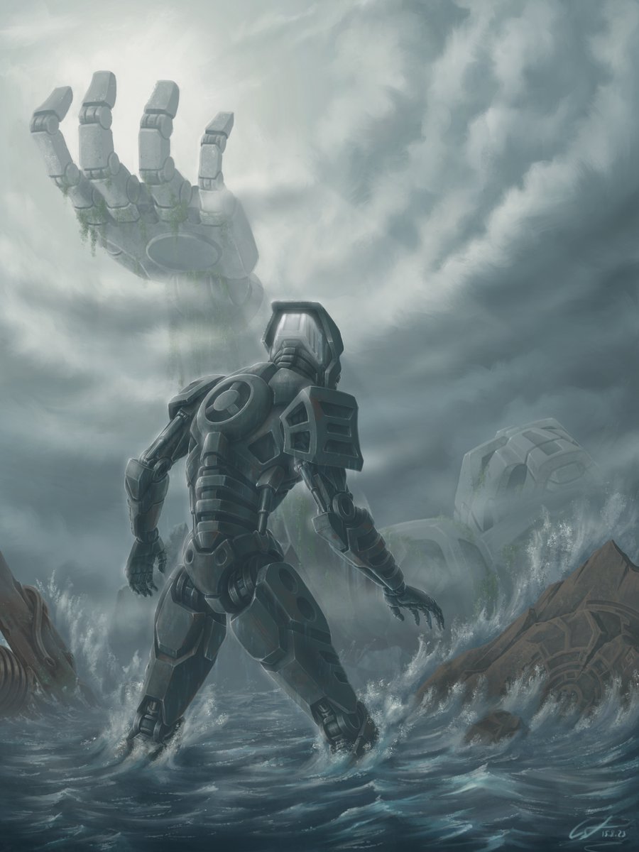Ferain's tweet photo. Was super inspired by ‘As above, so below’ and its cover art to paint something #Bionicle again, both to recapture that sense of mystery in the setting and as a thank you to @EssengerMusic &amp; Cryoshell for an awesome piece of music. =) https://t.co/OXs4BkONZz