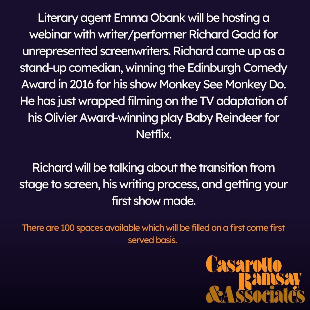 casarottoramsay's tweet photo. 🚨On the 7th September @emmaobank will be hosting a webinar with Edinburgh comedy award-winning writer/performer @MrRichardGadd for unrepresented screenwriters. They’ll be talking about the transition from stage to screen and getting your first TV series made 🚨More info below 🧵 https://t.co/wbROX7wszB