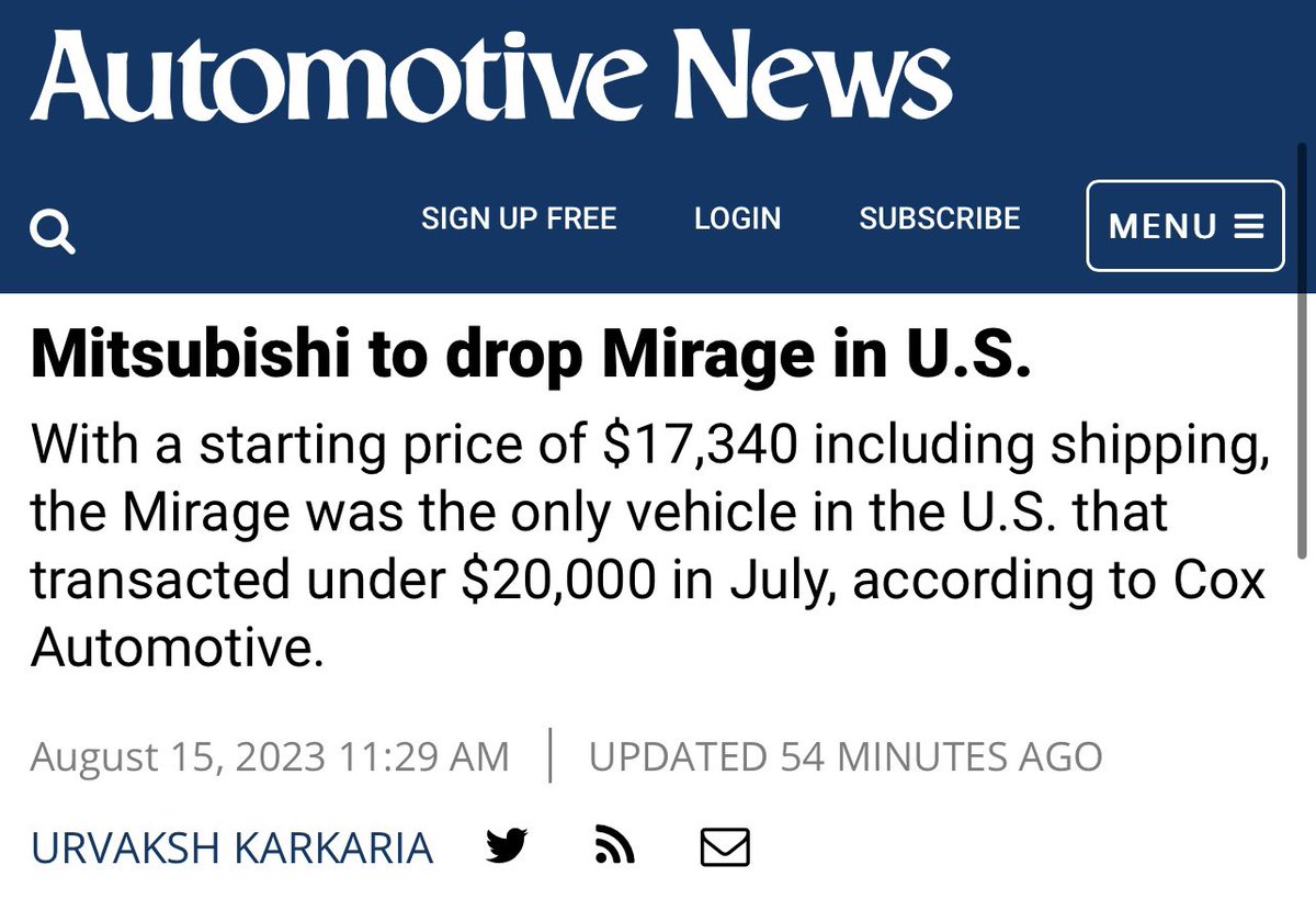 UPDATE: It’s gone 🫠

Last week I tweeted that 99% of new cars priced below $20K were extinct.

The only one remaining was the Mitsubishi Mirage.

This morning: