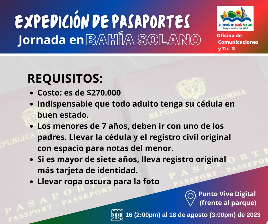 BahiaSolanoAD's tweet photo. Atentos!! @GobChoco y @AlcaldiaBahia realizarán Jornada de Expedición de pasaportes en Bahía Solano: https://t.co/b5QcxRAF06