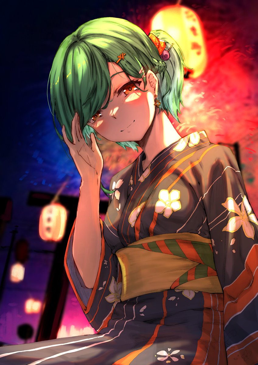 1girl japanese clothes kimono solo green hair smile hair ornament  illustration images