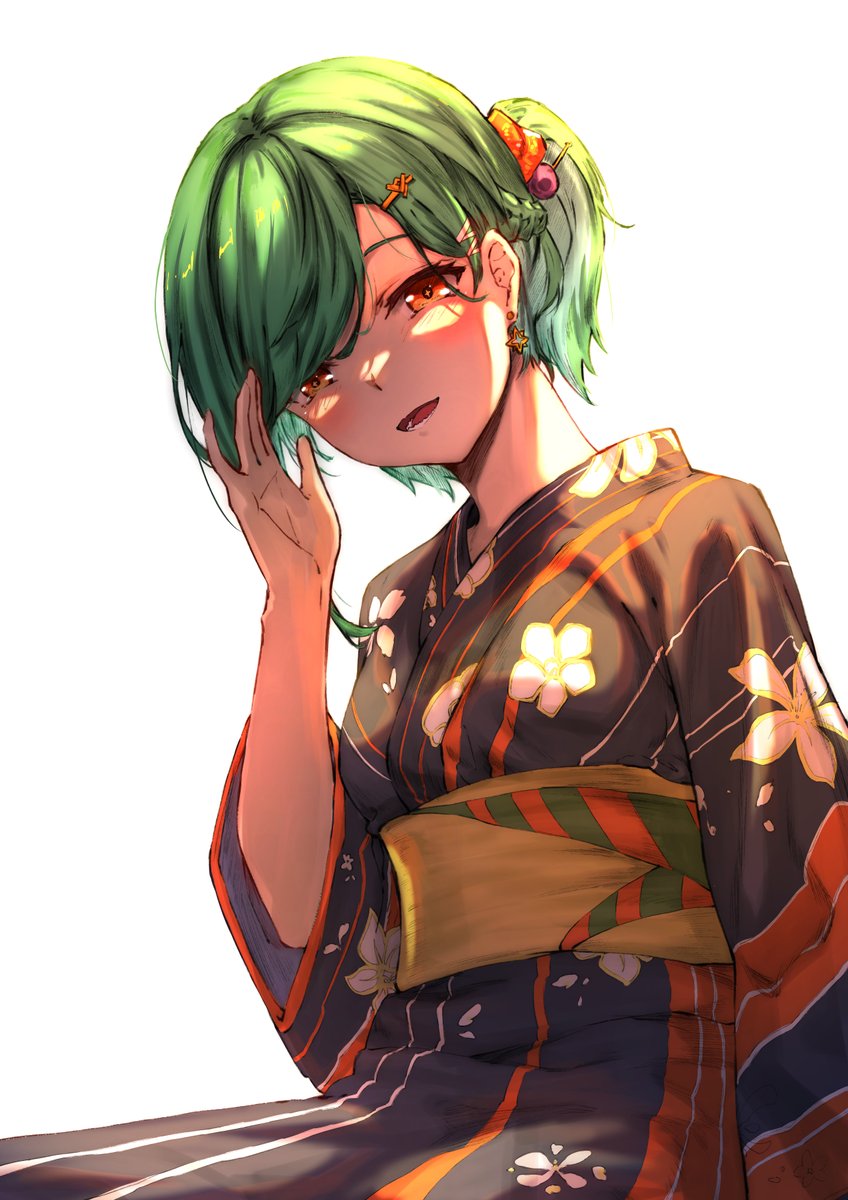 1girl japanese clothes kimono solo green hair smile hair ornament  illustration images