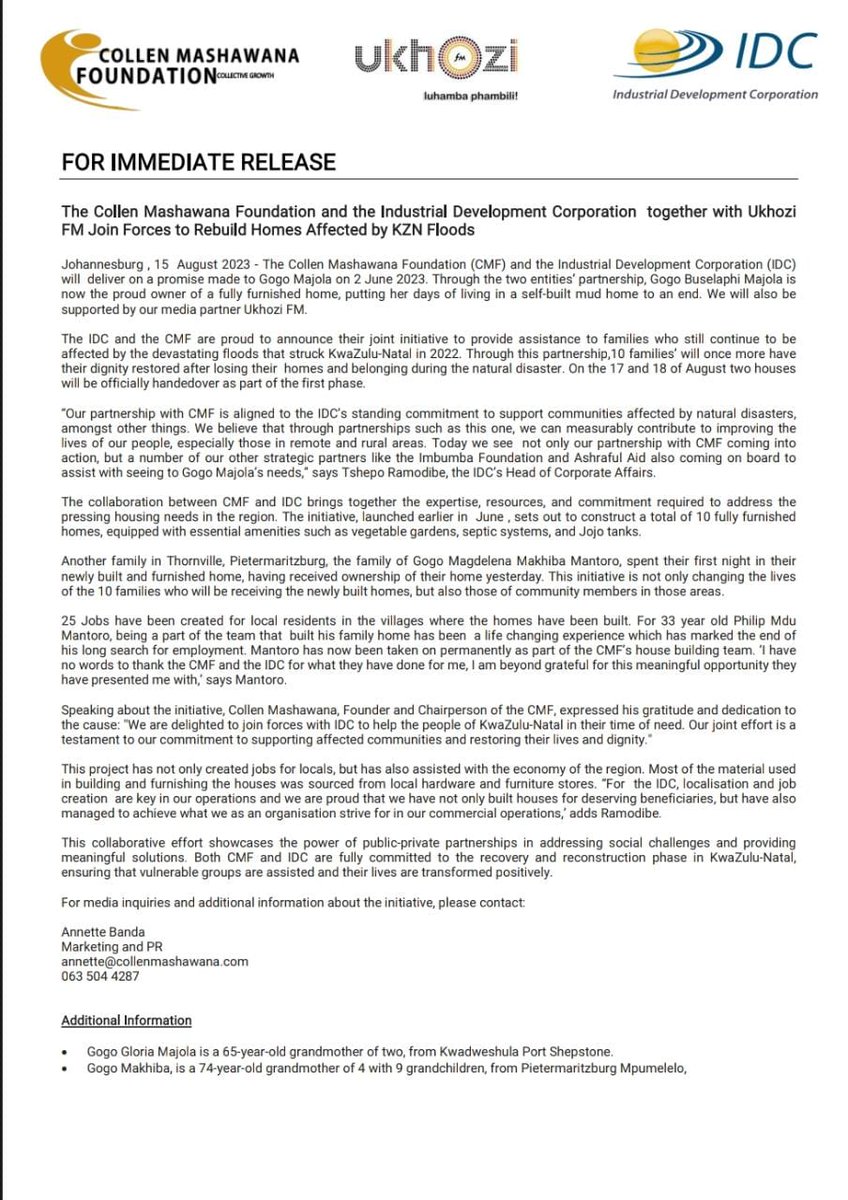 CollenMashFound's tweet photo. The Collen Mashawana Foundation and the Industrial Development Corporation together with Ukhozi FM Join Forces to Rebuild Homes Affected by KZN Floods.

#kznrebuild 
#restoringdignity 
#HouseHandover https://t.co/moCUyPqSui