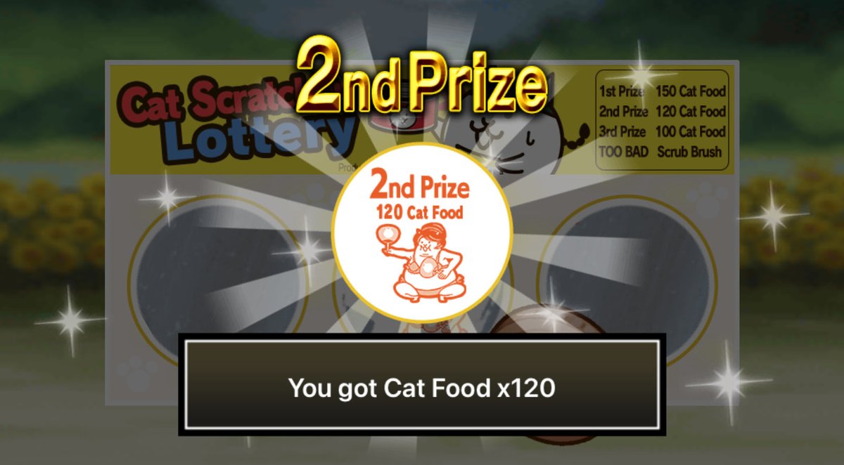 GreemBeans's tweet photo. I won 120 Cat Food from the #BattleCatsScratcher!
Try once each week for a chance at an awesome prize!

#TheBattleCats #BattleCats #CatScratcher #CatsOfSummer https://t.co/jEsppA3Li0