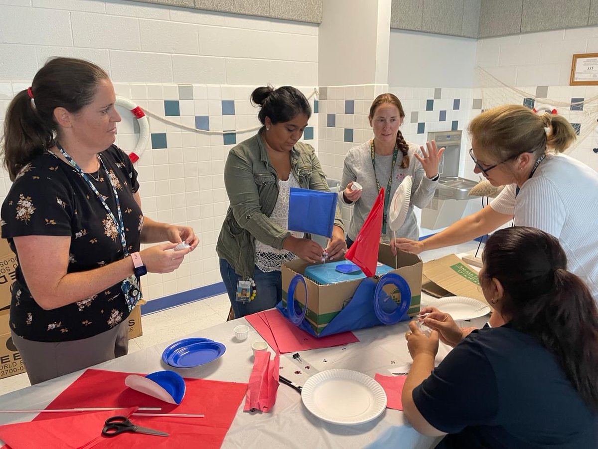 Adamson_teach's tweet photo. Today’s community builder was a hit! Staff @MtVernonWoods use their POG skills of communicator and collaborator as they gear up for #firstdayfairfax and compete to design boats for our Cardboard Boat Regatta! ⛵⚓#teacherworkweek #fcpsregion3 #portraitofagraduate #MVWES #POG https://t.co/JAdzwhBQA7