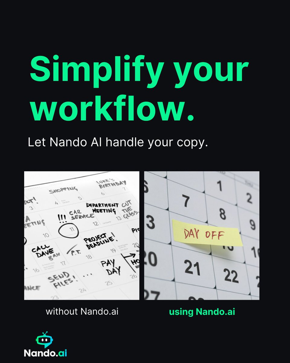 nando_ai's tweet photo. Simplify your workflow, easily create time for other important tasks using #AI

#AITools #copywriting #GenerativeAI https://t.co/joAlG5C0Mb