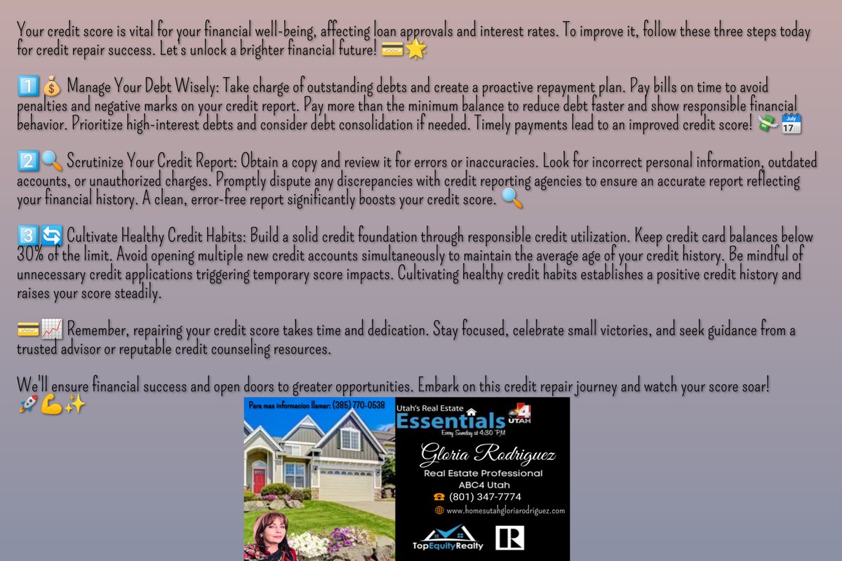 gloriaamparo's tweet image. Your credit score is vital for your financial well-being, affecting loan approvals and interest rates.
Let&apos;s unlock a brighter financial future! 💳🌟

#gloriarodriguezrealtor #CreditRepairSuccess #BoostYourScore #FinancialFreedom #TrustedRealtor #DreamsWithinReach