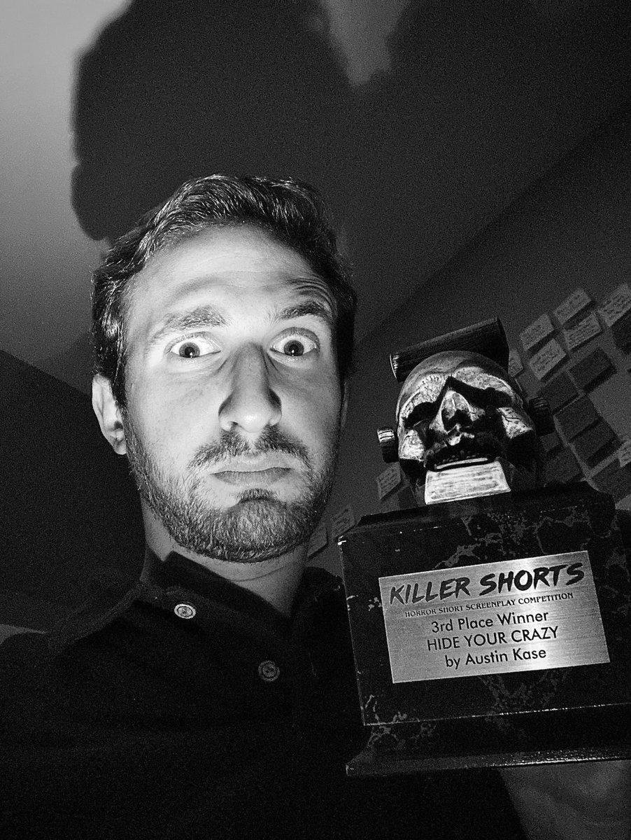 #killeralum Austin Kase <a href="/austin_kase/">Austin Kase</a> poses with his trophy for the 3rd Place Winner horror short screenplay "Hide Your Crazy"! A few years later, this film is PRODUCED and making the rounds on the festival circuit! Season 5 open for entries via <a href="/Coverfly/">Coverfly</a>! 

#ScreenwritingTwitter