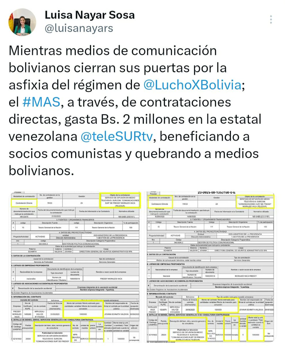 BrujulaNoticias's tweet photo. #Política| La diputada opositora #LuisaNayar denunció que el gobierno de Bolivia gasta dos millones de bolivianos al año en financiar las actividades de la red de televisión venezolana #Telesur. https://t.co/wJKQtKC6Mp