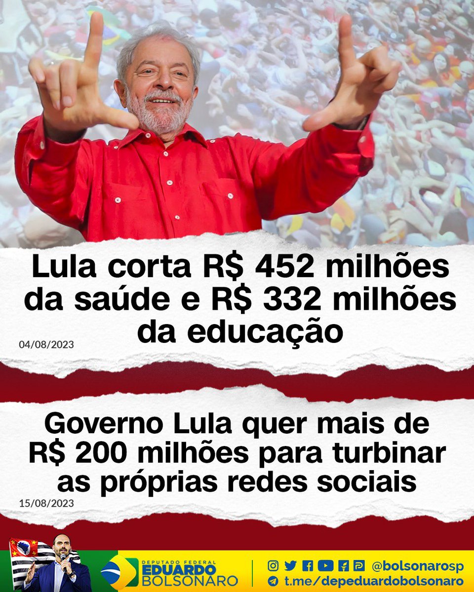 BolsonaroSP's tweet photo. Quando você precisar de educação e saúde, lembre-se que o governo Lula cortou milhões dessas áreas, taxou sua blusinha da Shopee e aumentou seu combustível

Isso tudo para injetar R$ 200 mi no gabinete do ódio do PT, para convencer o povo que está tudo bem. Mesmo sem hospital, sem picanha e sem emprego, mas com muito "amor e democracia"